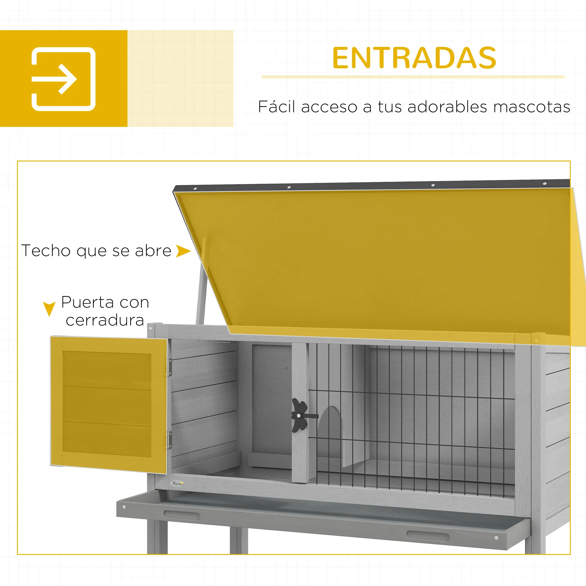 PawHut Conejera de Madera Caseta Exterior Refugio para Mascotas Pequeñas Conejos Cobayas con Bandeja Extraíble y Techo Asfáltico 84x43x70 cm Gris y Negro - imagen 5