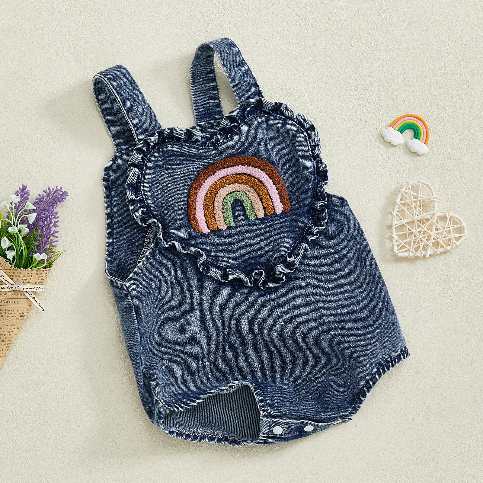 SUNSIOM 0-24 meses bebé niña Denim mameluco sin mangas Arco Iris bordado Correa mono mono recién nacido mono - imagen 3