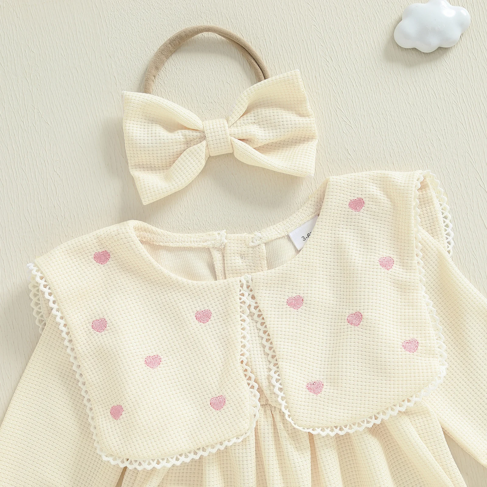 SUNSIOM Mameluco de burbujas para niñas, mono de manga larga con cuello de muñeca bordado de corazón a la moda y diadema - imagen 4