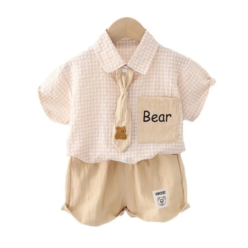Conjunto de ropa de verano para bebé, traje de camisa a cuadros, pantalones cortos, chándal informal para niño pequeño, 2 uds.