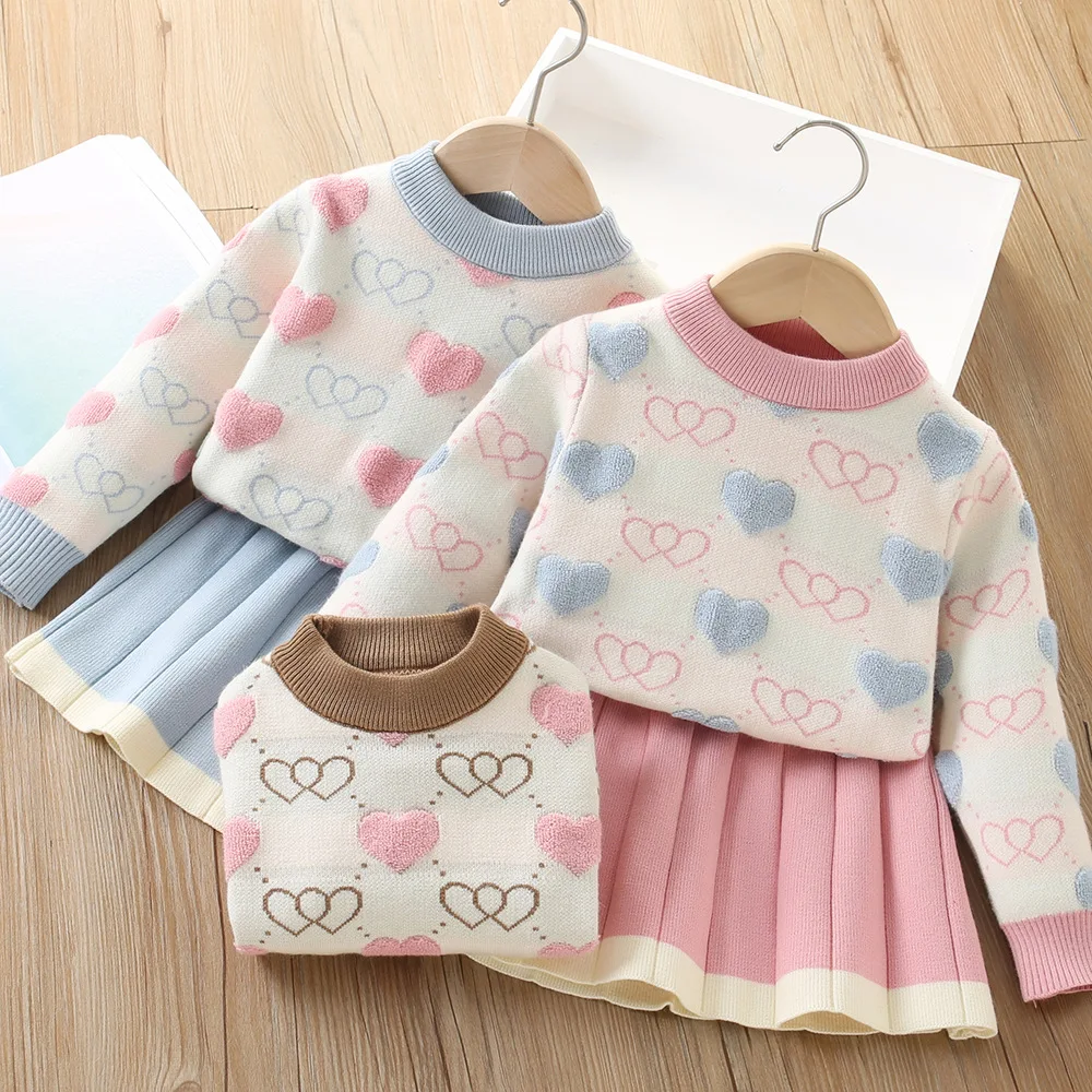 Conjunto de ropa para bebés de otoño/invierno, suéter y falda de punto con corazón para niñas de 1 a 5 años, 2 uds., conjunto de moda para niñas, jersey para niños