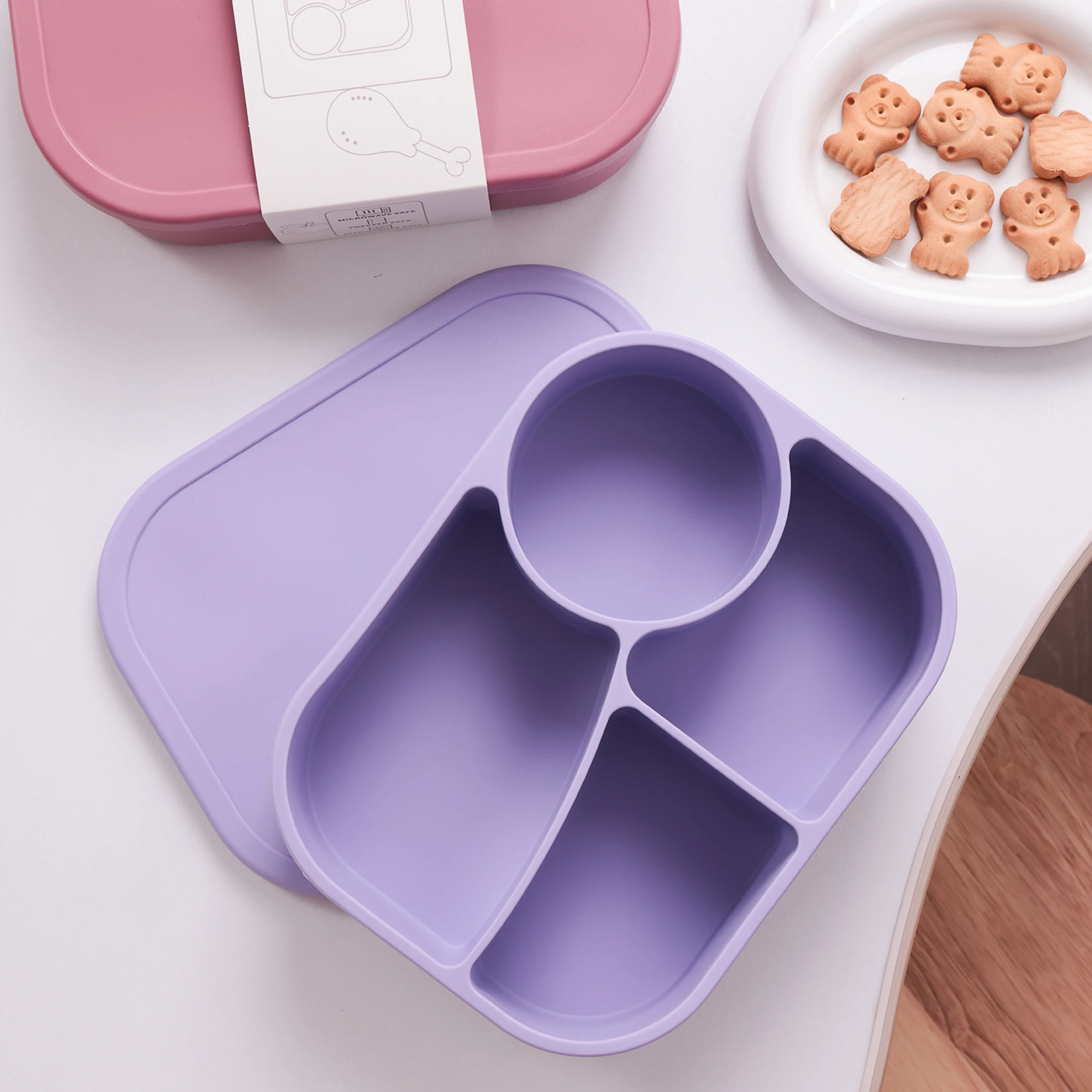 Fiambrera de silicona para niños, 1 Uds., 4 compartimentos, sin BPA, apto para microondas, apto para lavavajillas, elementos esenciales de alimentación Bento a prueba de fugas - imagen 2