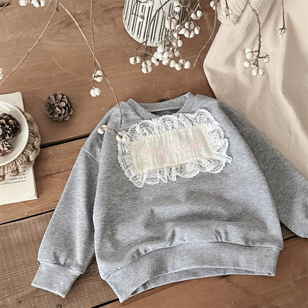 2 unids/set niñas Sudadera con capucha + pantalón primavera otoño nueva ropa para niños estilo coreano bebé Pastoral encaje apliques carta Sudadera con capucha Casual - imagen 2