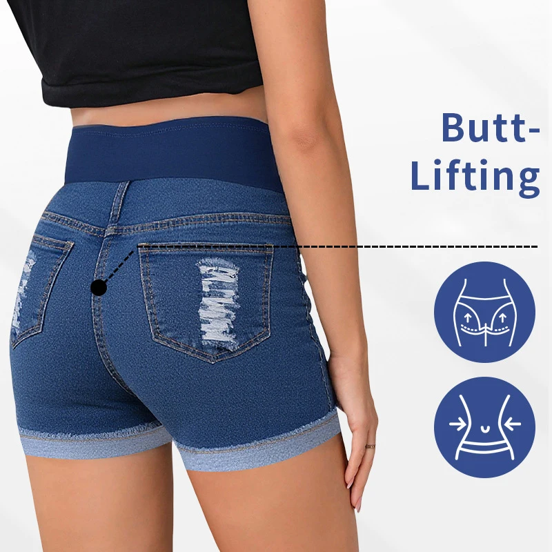 Pantalones cortos de cintura alta para mujeres embarazadas, pantalones vaqueros ajustados de verano para maternidad, pantalones cortos transpirables con soporte Abdominal - imagen 2