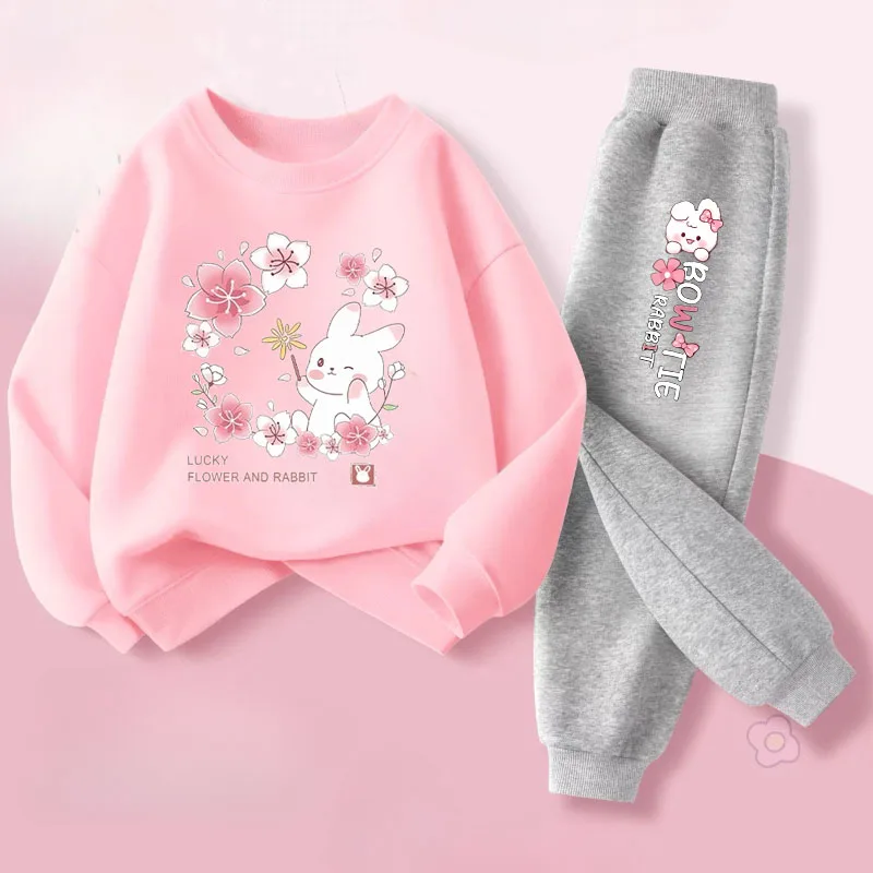 Lindo conejo impreso niñas primavera nuevo estilo sudaderas con capucha conjuntos sudadera para niños pantalones de chándal traje de dos piezas niños trajes al aire libre