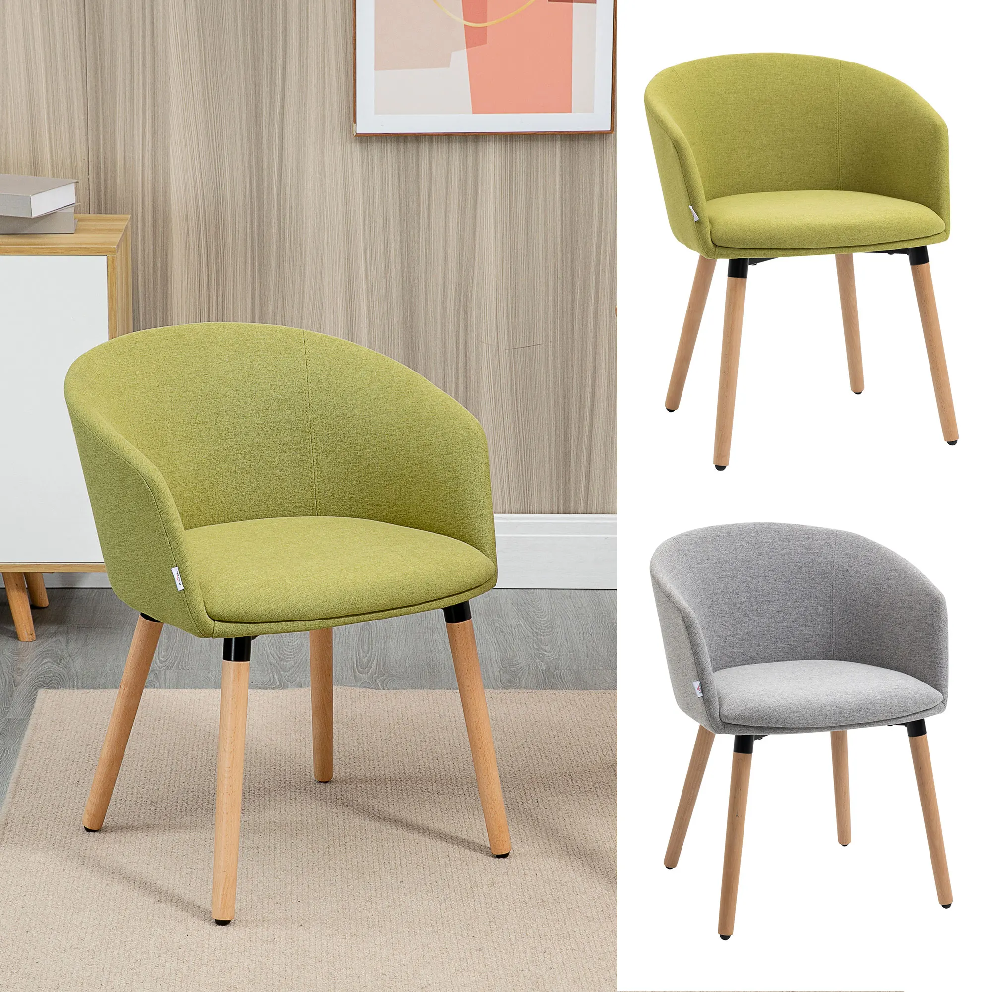 HOMCOM Silla de Comedor Butaca de Salón Tapizada en Lino Sintético con Reposabrazos y Patas de Madera para Oficina Dormitorio Carga 120 kg 57x56x72 cm Gris