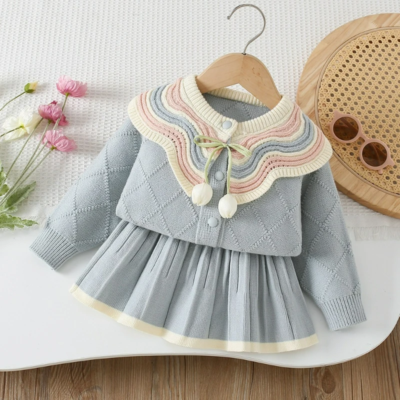 Chaqueta de hilo para niña, cárdigan y falda de punto de tulipán con cuello de bloque de Color a la moda, estilo coreano, conjunto de dos piezas, otoño e invierno - imagen 3