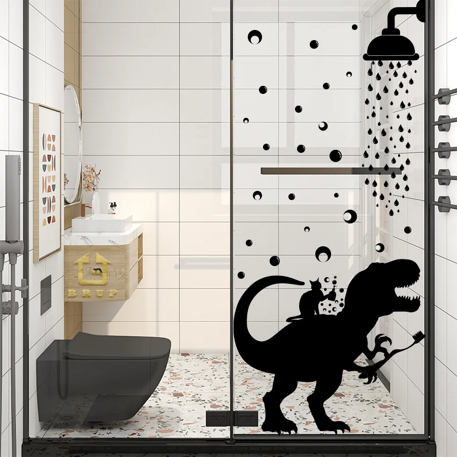 Ducha Tyrannosaurus rex pegatina de pared autoadhesiva negra, pegatina decorativa para el baño, impermeable y a prueba de humedad - imagen 2