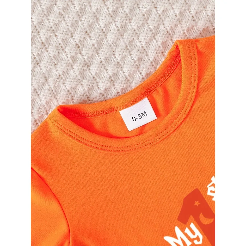 Conjuntos de disfraz de Halloween para bebé, niño y niña, pelele con patrón de calabaza de manga larga + pantalones con tiras de grafiti, ropa de vacaciones de 2 uds para 0-2 años - imagen 2