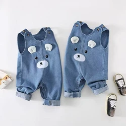 Monos de mezclilla suave para bebé, pelele bonito de oso 3D para niños y niñas, chaleco sin mangas, mono para niños pequeños, traje para gatear de primavera y otoño