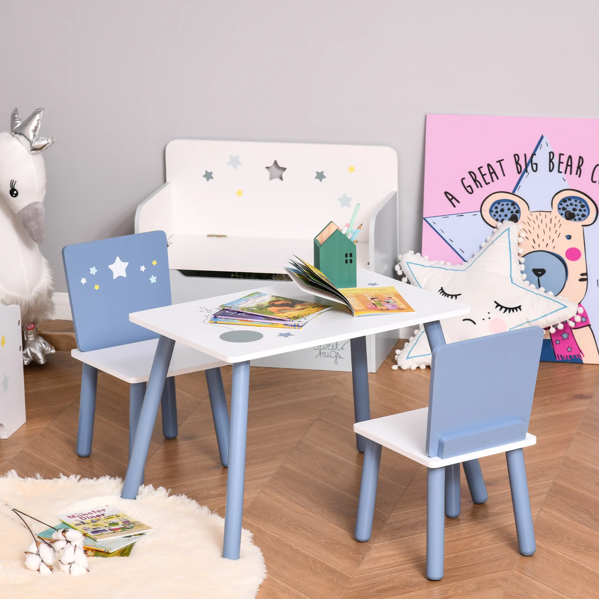 HOMCOM Juego de Mesa Infantil y 2 Sillas de Madera Mesa con Sillas para Niños de 2-4 Años Mesa 60x40x43 cm y Sillas 28x26x48 cm para Dormitorio Sala Blanco y Azul - imagen 2