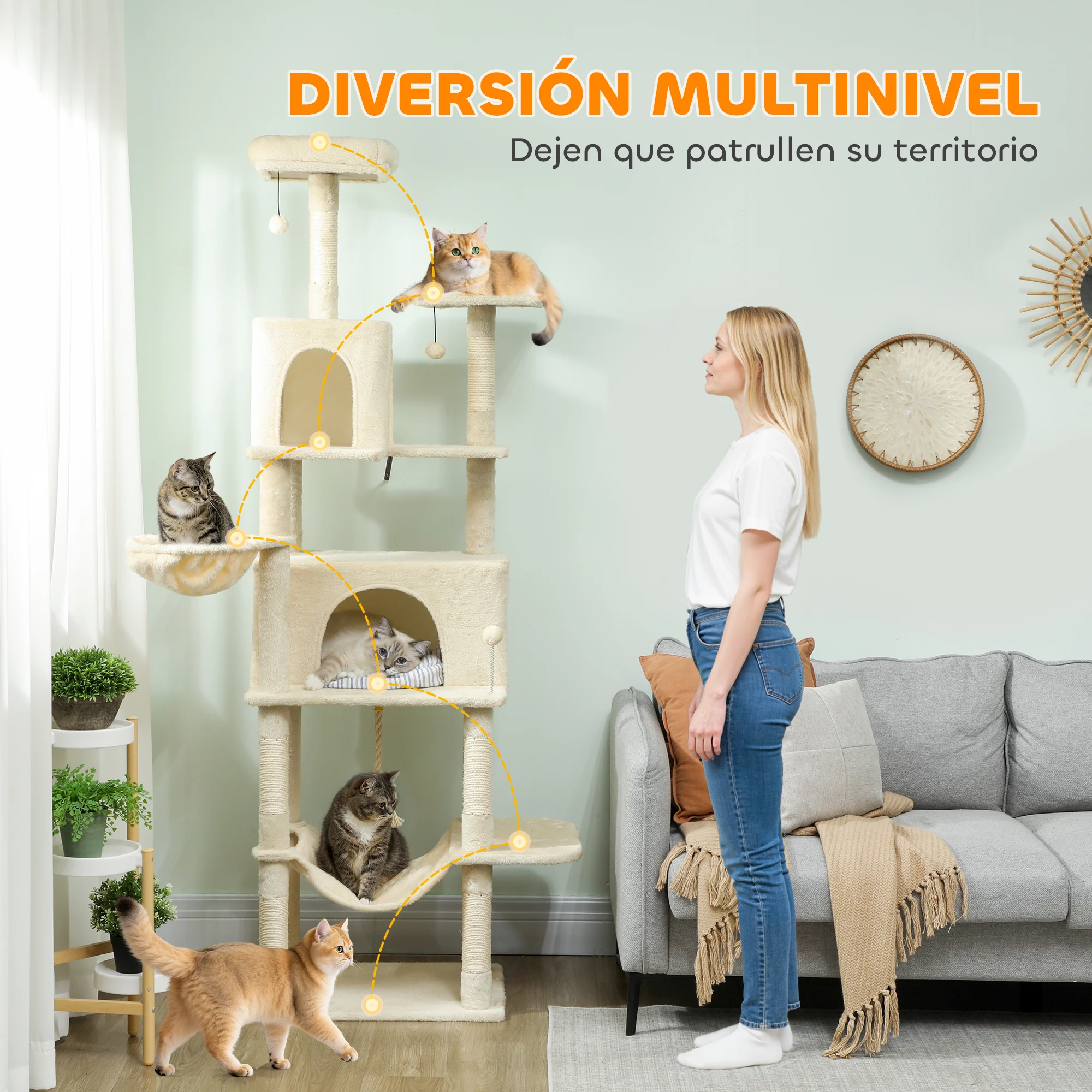 PawHut Árbol Rascador para Gatos, Árbol para Gatos 202 cm, Torre Escalador con Plataformas, Cama, Cuevas, Postes de Sisal, Bolas y Cuerda para Jugar - imagen 5