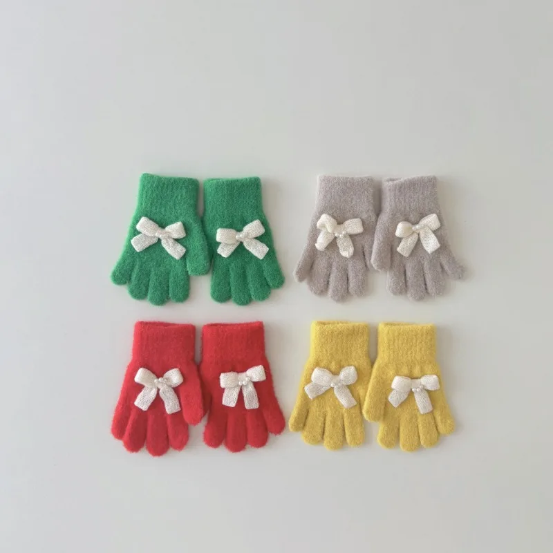 Guantes de invierno de estilo coreano para niñas, guantes cálidos con dedos separados para niños con diseño de lazo, manoplas bonitas de moda para niños, nuevo - imagen 2