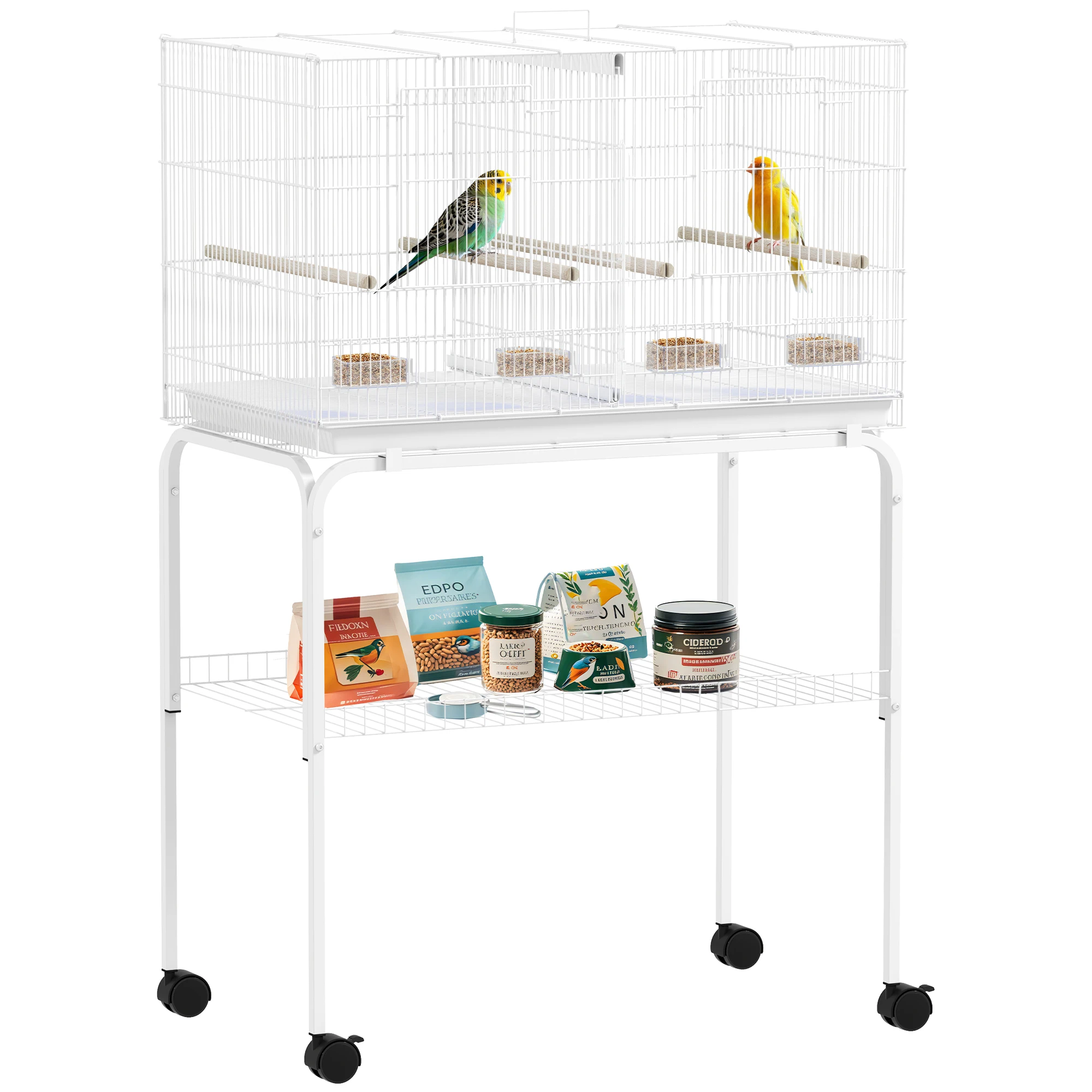 PawHut Jaula para Pájaros con Divisor Pajarera con Ruedas 4 Comederos 4 Perchas y Bandeja Extraíble Jaula para Loros Canarios Periquitos 76x46x116 cm Blanco - imagen 2
