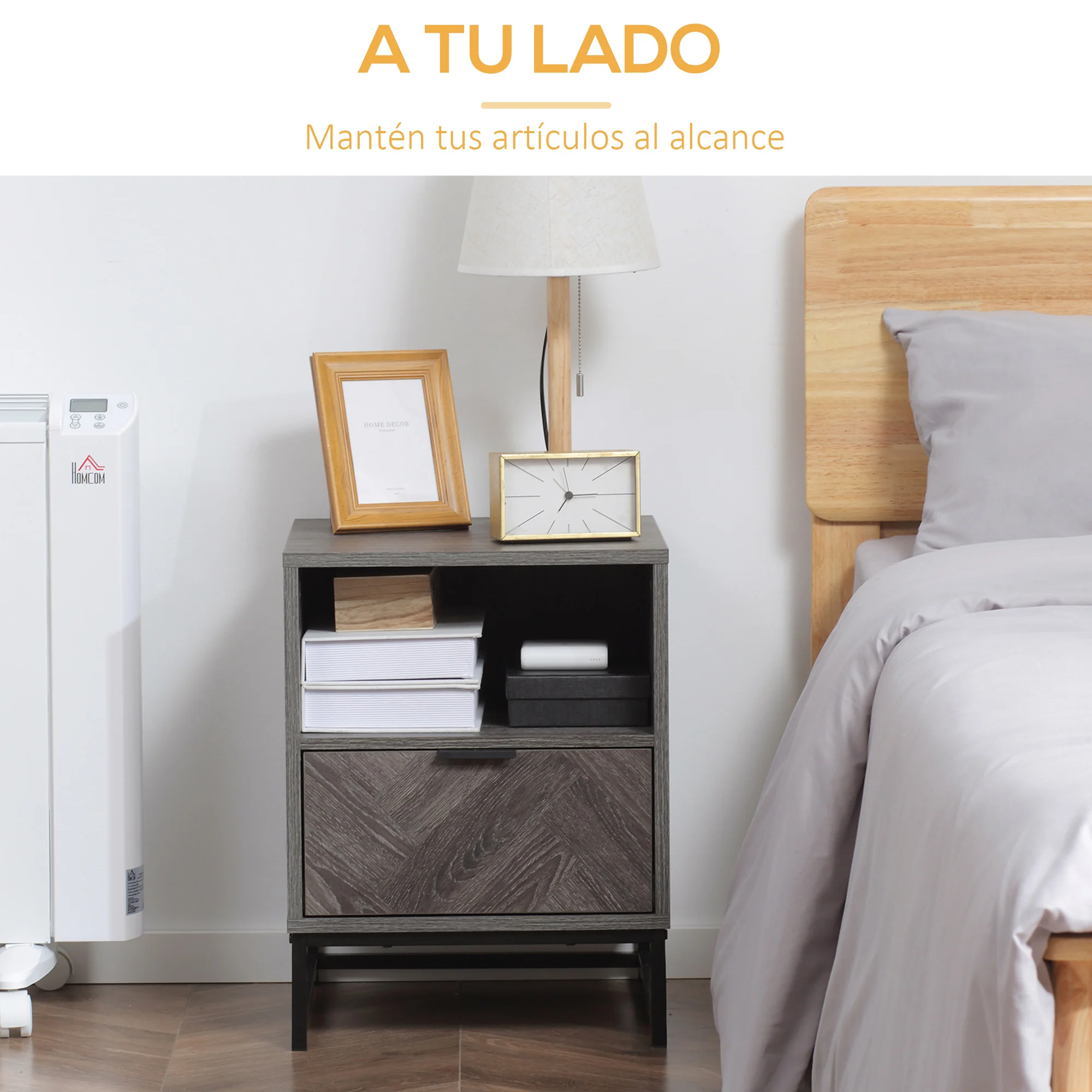 HOMCOM Mesita de Noche con 1 Cajón Estante Abierto y Patas de Acero Mesilla de Noche para Dormitorio Salón Cama Oficina Estilo Moderno 40x40x52 cm Gris Oscuro - imagen 4