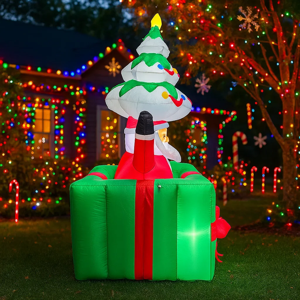 Decoración inflable para vacaciones al aire libre de 5,9 pies, árbol de Papá Noel, caja de regalo, luces, adorno de patio de Navidad, decoración navideña para el hogar, juguete de fiesta - imagen 3