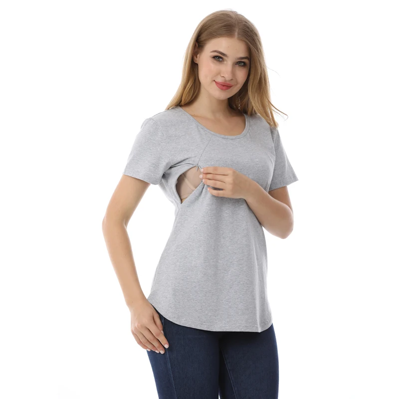 Camiseta de maternidad de talla grande para verano, ropa de lactancia de manga corta, cremallera Invisible, dobladillo curvo de apertura, algodón, talla estadounidense S-5XL - imagen 3