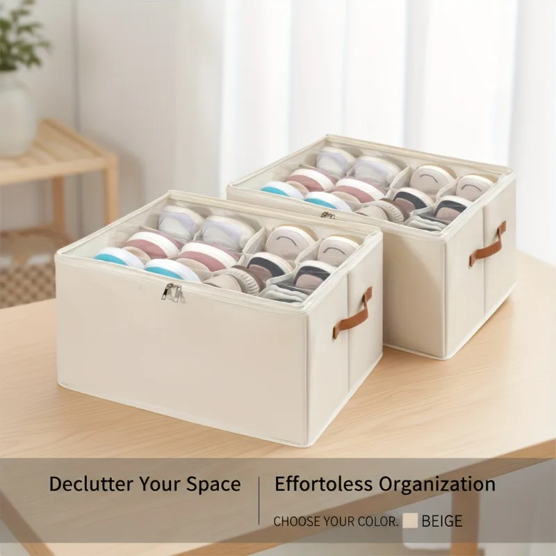 Organizador de zapatos plegable: caja a prueba de polvo de nailon Oxford |   Cremalleras de tapa y marrón, múltiples compartimentos que ahorran espacio para el hogar/viajes