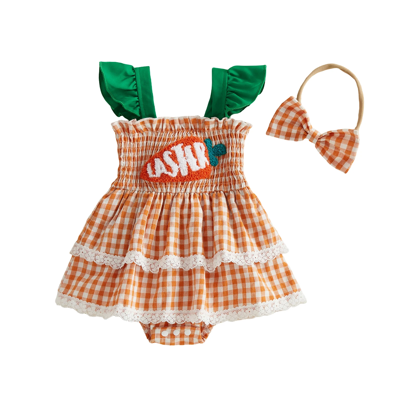 ViSgogo Conjunto Pascua niña cuadros con bordado zanahoria y diadema - imagen 2