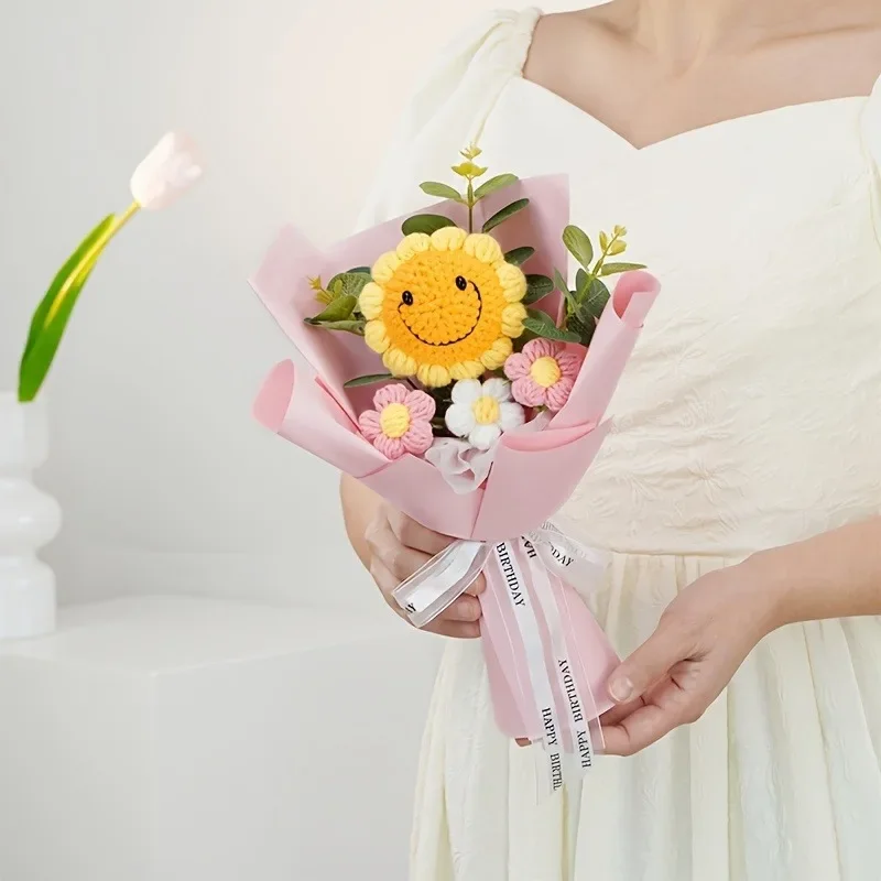 1/2 Uds. Ramo de girasoles de ganchillo hecho a mano, flores artificiales, Festival brillante, boda, día de la madre, cumpleaños, decoración del hogar - imagen 4