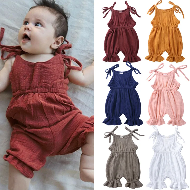 Ropa de verano para niña pequeña, mono liso sin mangas de algodón y lino, peleles para recién nacidos, BC019