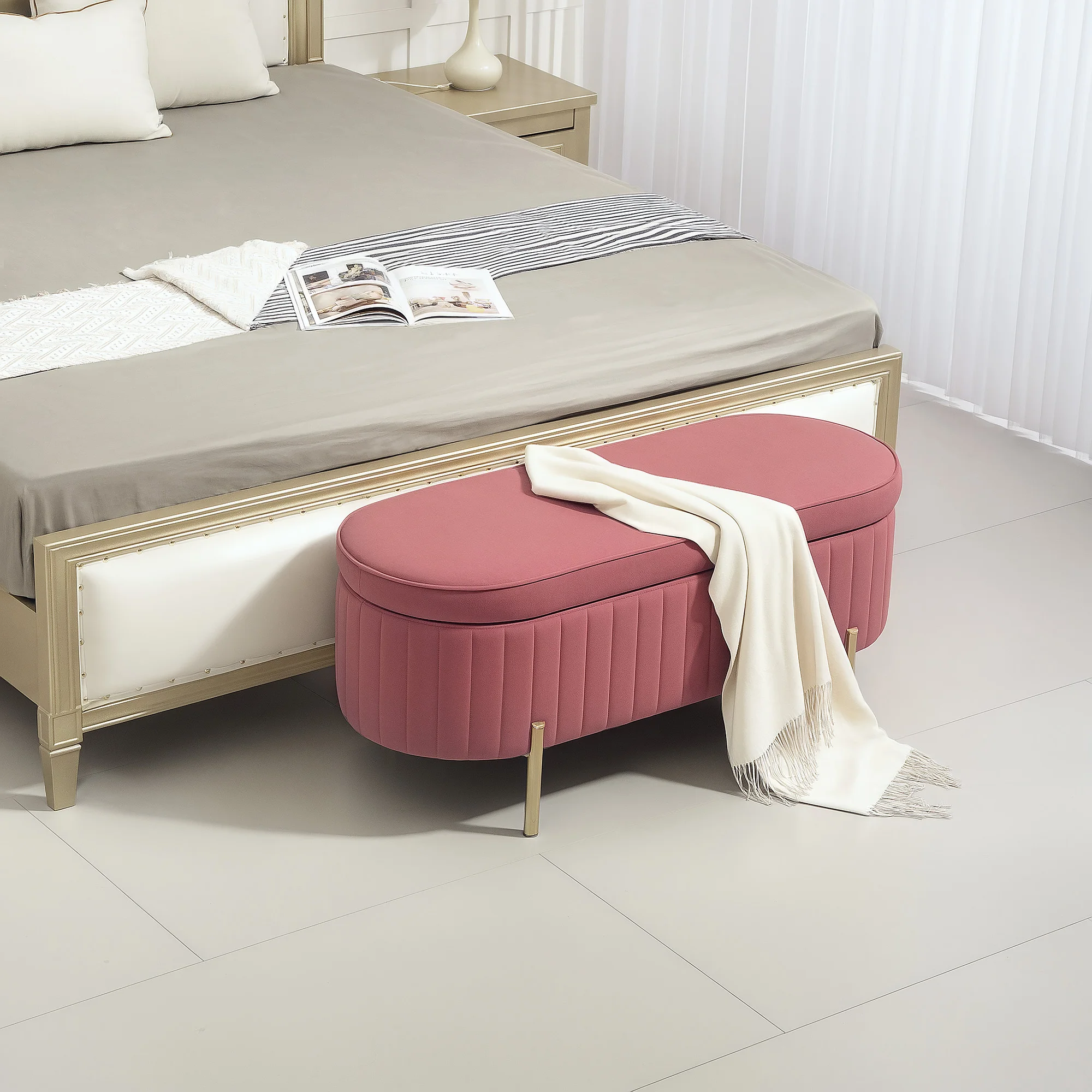 HOMCOM Banco Pie de Cama Tapizado en Terciopelo Puff Almacenaje con Espacio de Almacenaje y Patas Doradas Banqueta para Dormitorio Entrada 108x44x43,5 cm Rosa - imagen 2