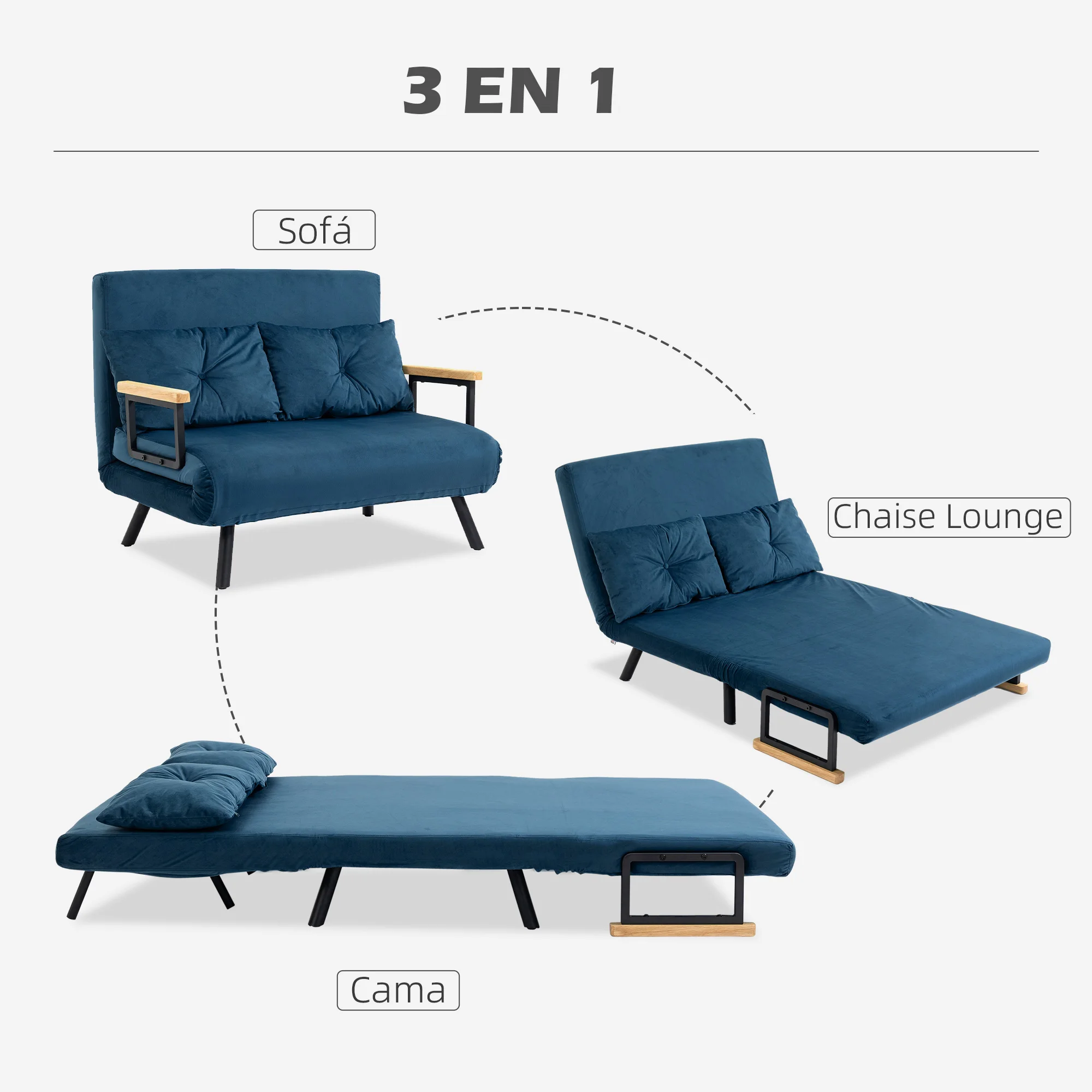 HOMCOM Sofá Cama Convertible 3 en 1 Sillón Cama de 2 Plazas Plegable con Respaldo Ajustable de 5 Niveles y 2 Almohadas Acolchadas para Oficina Dormitorio Salón 102x73x81 cm - imagen 4