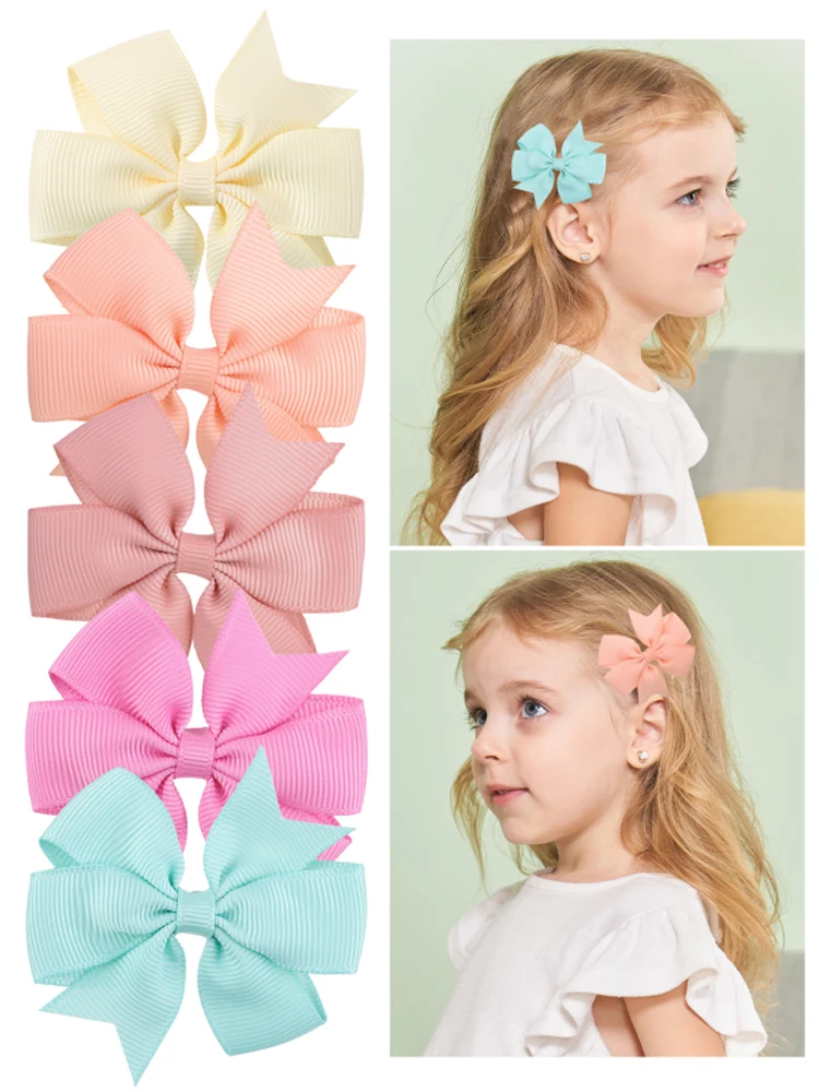 5 uds. De lazos para el pelo de Color sólido para niñas, cinta de grogrén de 2,5 pulgadas, molinete, horquillas para niños pequeños, accesorios para el cabello