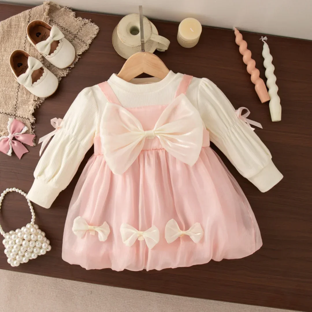 Nueva ropa de otoño para niñas, vestido con mangas abullonadas para niñas, vestido con lazo para niñas de 1 a 8 años - imagen 3