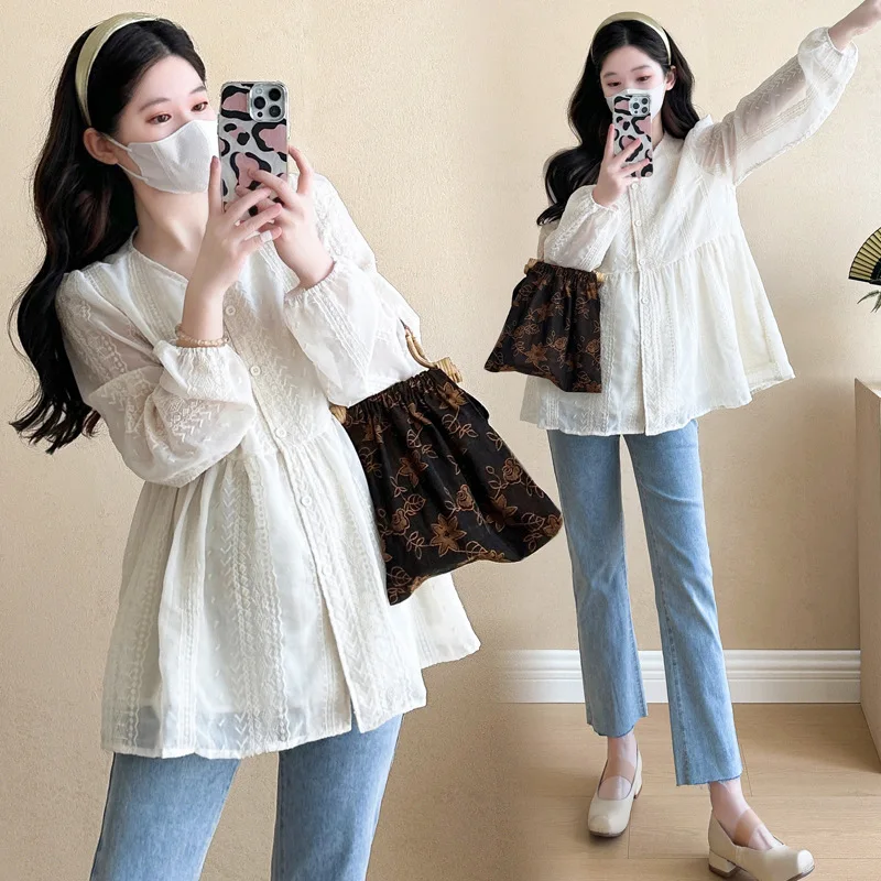 7155 #   2023 otoño moda coreana blusa de maternidad dulce linda camisa estampada con flora túnica ropa para mujeres embarazadas Tops de embarazo - imagen 2