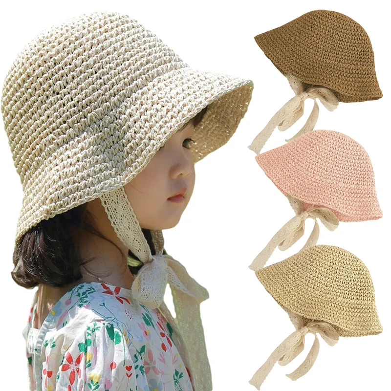 Sombrero de paja para bebé, sombreros para niñas y niños, sombreros de verano para viajes en la playa con encaje ajustable, cuerda a prueba de viento, accesorios de moda de 2 a 6 años - imagen 5