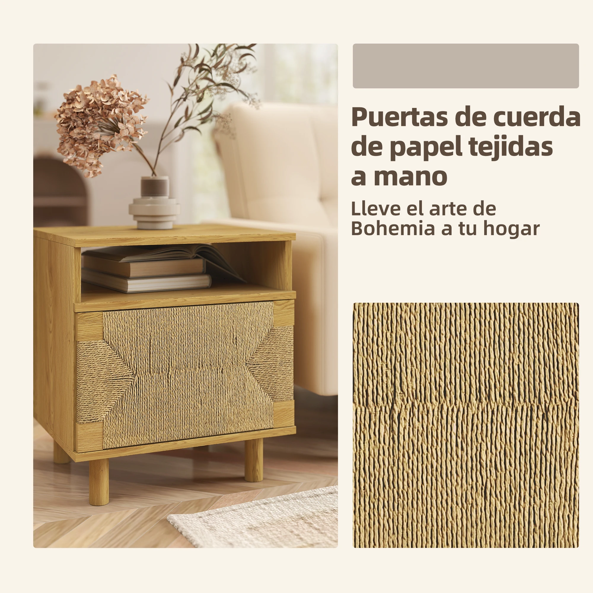 HOMCOM Mesita de Noche Bohemio con Puerta de Cuerda de Papel, Mesilla de Noche con Estante Abierto, Patas de Madera y Apertura por Presión, Mesa Auxiliar para Dormitorio, Salón, 45x39x50 cm, Roble - imagen 4