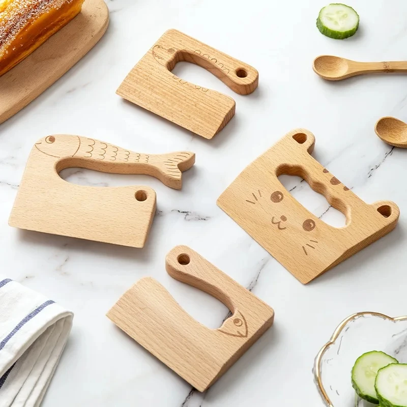 Cuchillo de madera para niños para cocinar, bonito pez, forma de dinosaurio, juguete de cocina, cortador de frutas y verduras, herramienta de cocina, juguetes, cuchillo de madera para niños - imagen 2