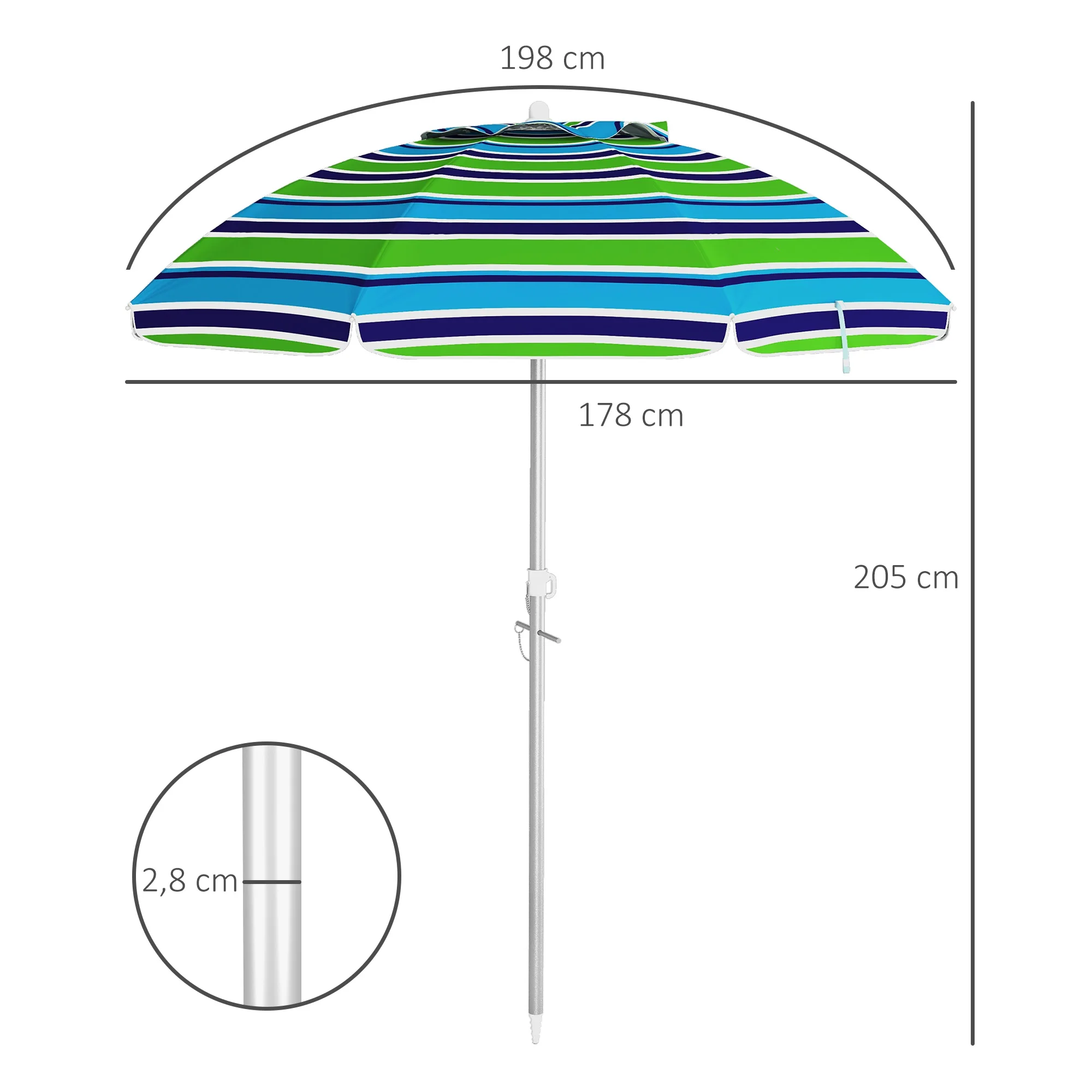 Outsunny Sombrilla de Playa Ø178x205 cm Parasol para Terraza con Reclinación 45° Altura Ajustable Apertura Manual Anti-UV Impermeable y Bolsa de Transporte para Jardín Piscina Multicolor - imagen 3