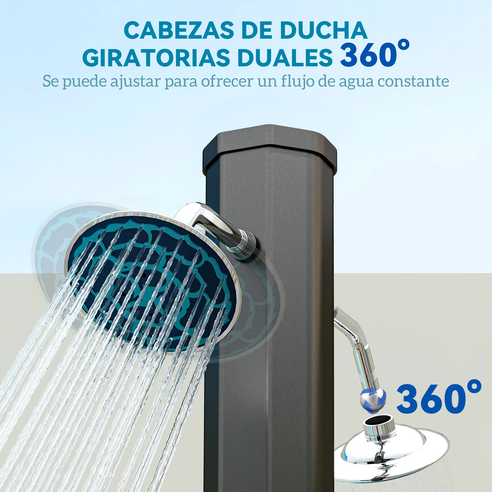 Outsunny Ducha de Jardín Solar 35 L Ducha Solar Exterior con 2 Cabezales Giratorios Grifos de Pies y Agua Caliente Máximo 55 °C para Piscina Camping Patio 73x18x217 cm Negro - imagen 5