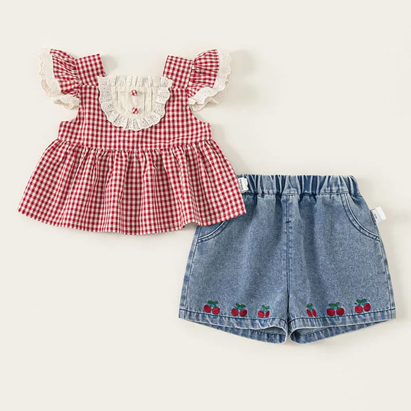 Ropa de verano para niño niña, 2 piezas, moda coreana a cuadros, Tops sin mangas de color rojo cereza + pantalones cortos de mezclilla, ropa de Boutique para niño B095