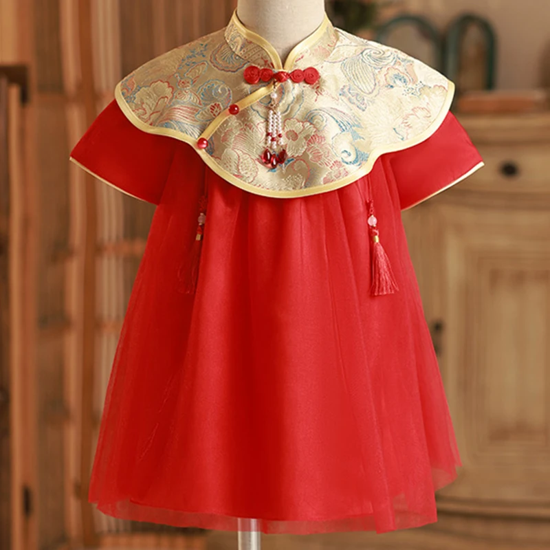 Ropa de estilo chino para niña pequeña, vestido rojo de lujo de manga corta para cumpleaños, BC564, primavera y verano, 2024