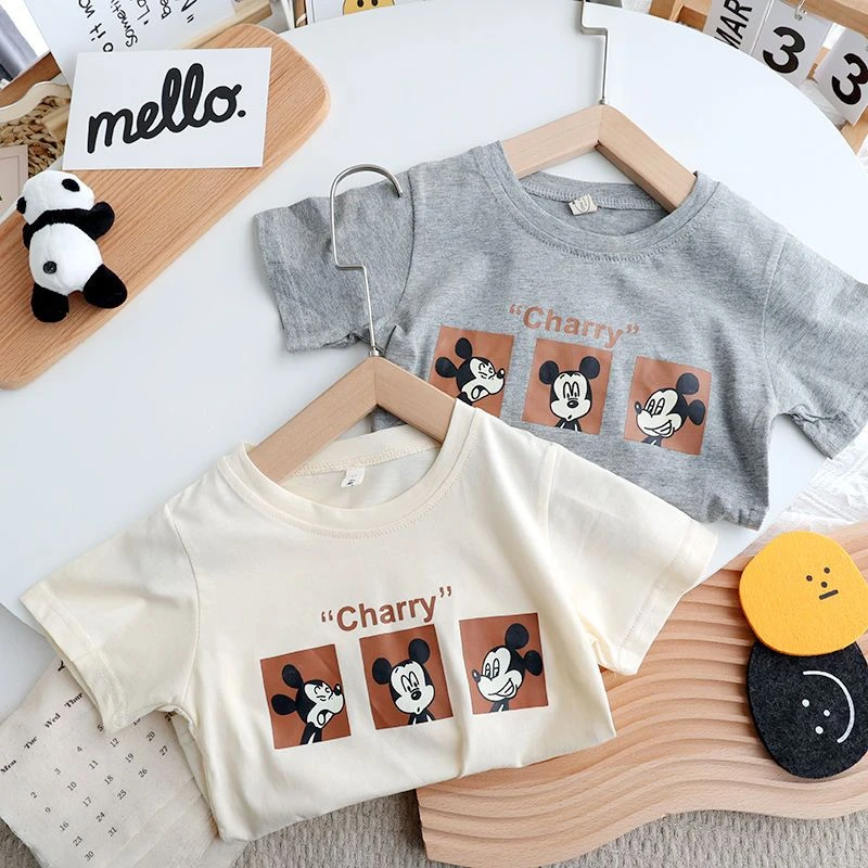 Camiseta con estampado de Mickey, ropa de verano 2025, camisetas de manga corta con dibujos animados, ropa para niños, camisetas de moda con cuello redondo para niñas y niños