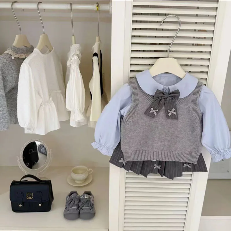MILANCEL, nuevo conjunto de ropa de otoño para niños, 1-6T, estilo Preppy, chaleco fino para niñas, camisa y falda, traje holgado con lazo coreano para niños, 3 uds.