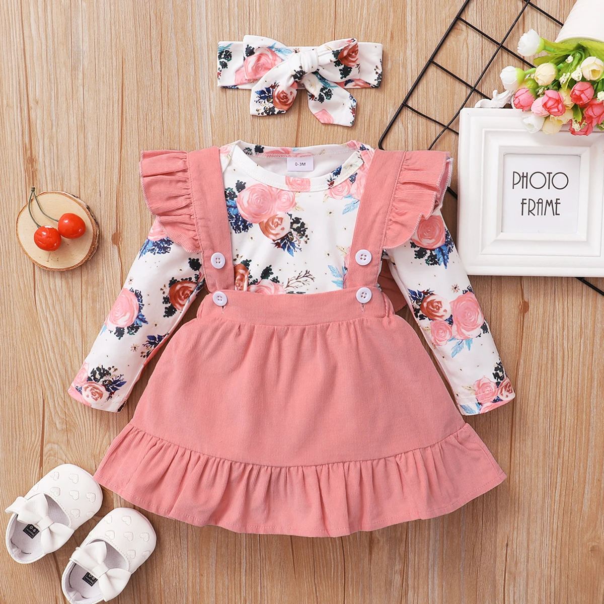 Conjunto de ropa para niña recién nacida de 0 a 18 meses, Pelele de manga larga con estampado Floral, falda con tirantes y Diadema, Bonito traje de 3 piezas - imagen 3
