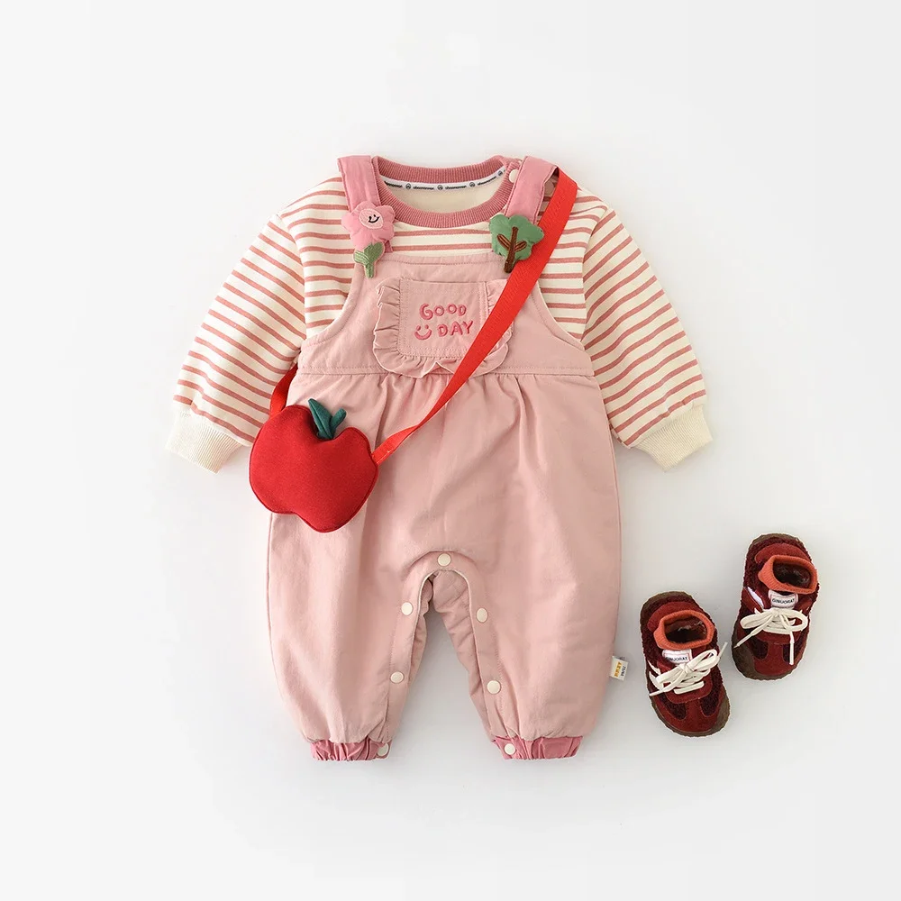 MILANCEL nuevo invierno bebé peleles rosas 6M-3T Linda letra flor niñas conjunto infantil polar acolchado mono suelto para niños pequeños - imagen 2