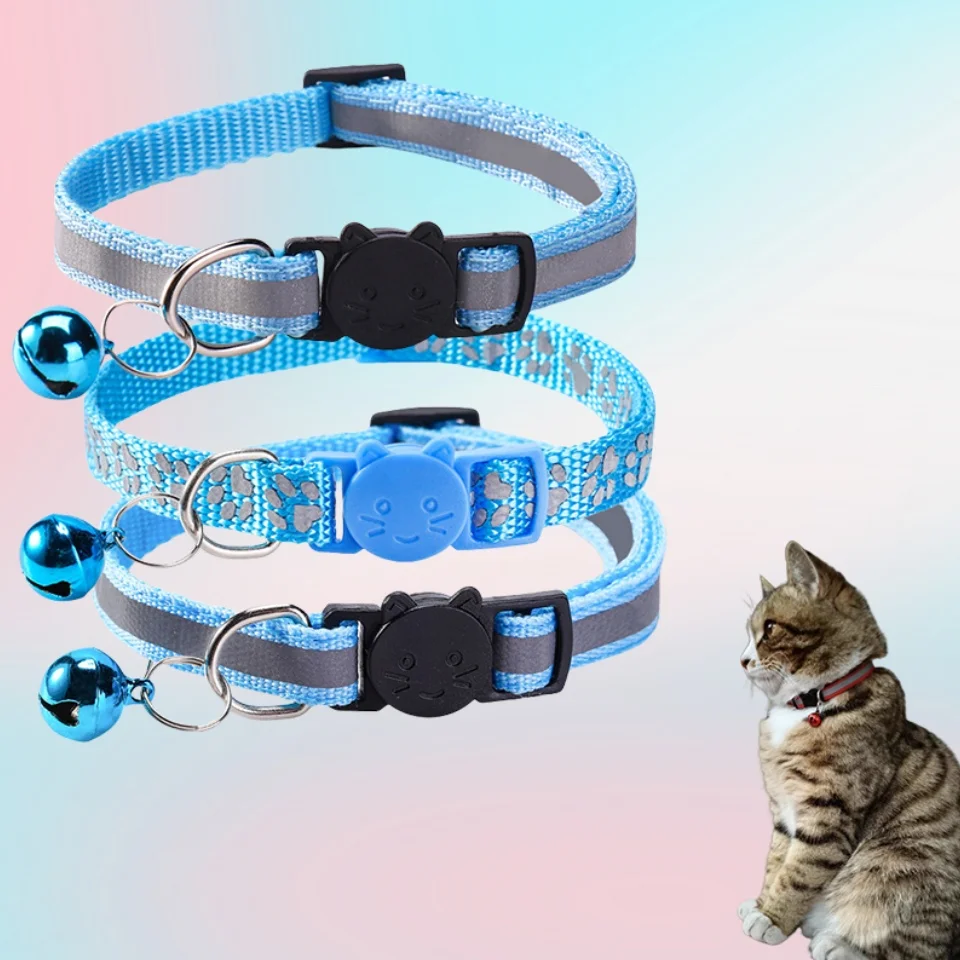 3 unids/pack Collar de gato con tira reflectante para Collar de mascota pequeña puede ajustar collar de 7-12 pulgadas con patrón de campana para gato - imagen 3