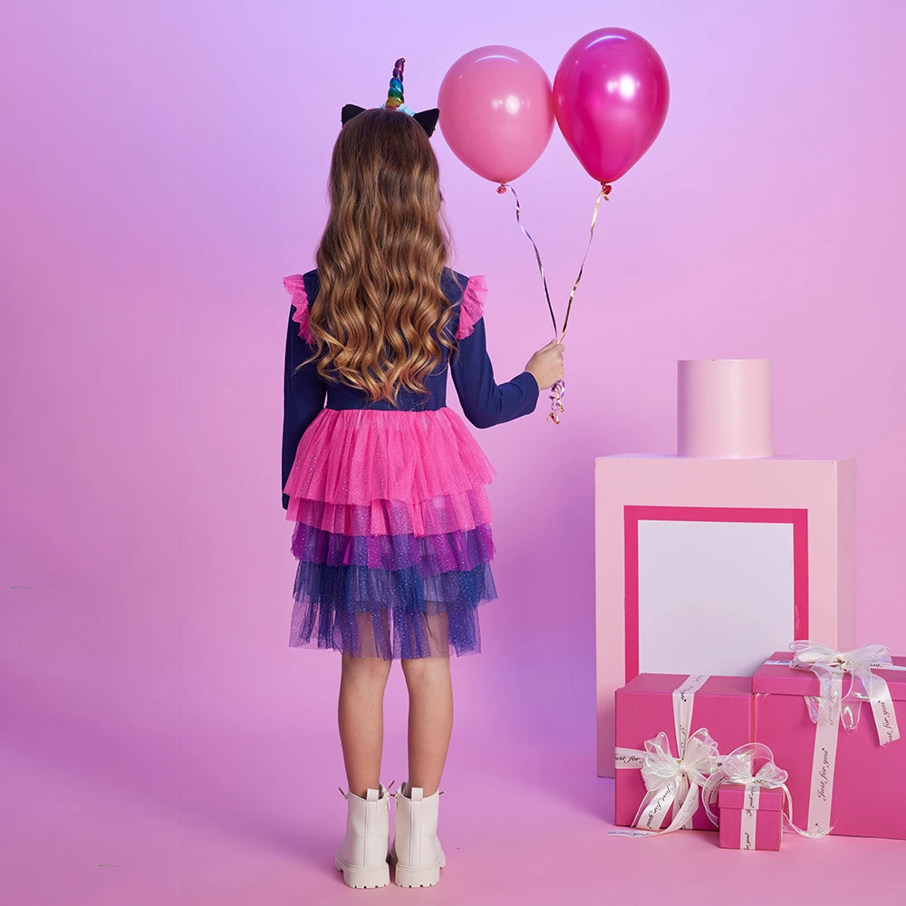 DXTON Vestido manga larga unicornio para niña con volantes - imagen 2