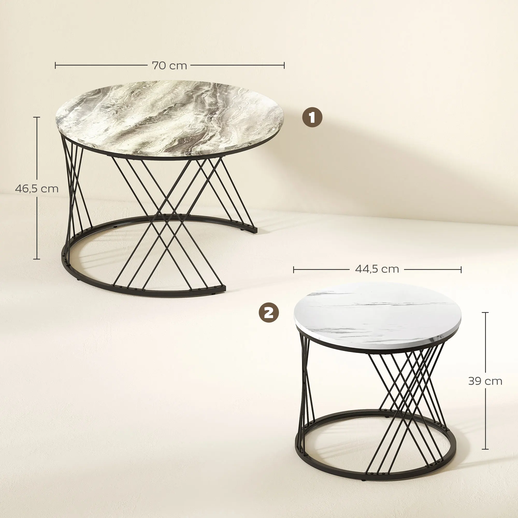 HOMCOM Juego de 2 Mesas Nido Mesas de Centro para Salón Redondas con Tablero con Diseño de Mármol Marco de Metal para Sala de Estar Dormitorio Gris y Blanco - imagen 3