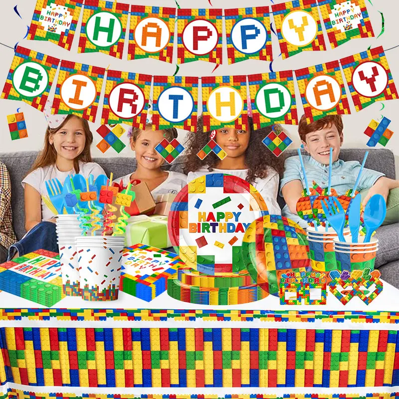 Bloques de construcción, decoración de cumpleaños, vajilla, taza, plato, telón de fondo, Kit de pancarta, bloques de construcción, tema, decoración de fiesta feliz, suministros para niños