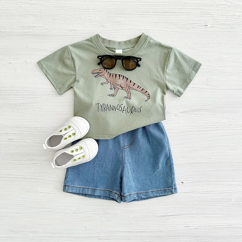 Milangel-Conjunto de ropa de verano para bebé, camiseta de dinosaurio de dibujos animados + pantalones cortos de mezclilla, atuendo suelto para niño pequeño, 2 piezas - imagen 2