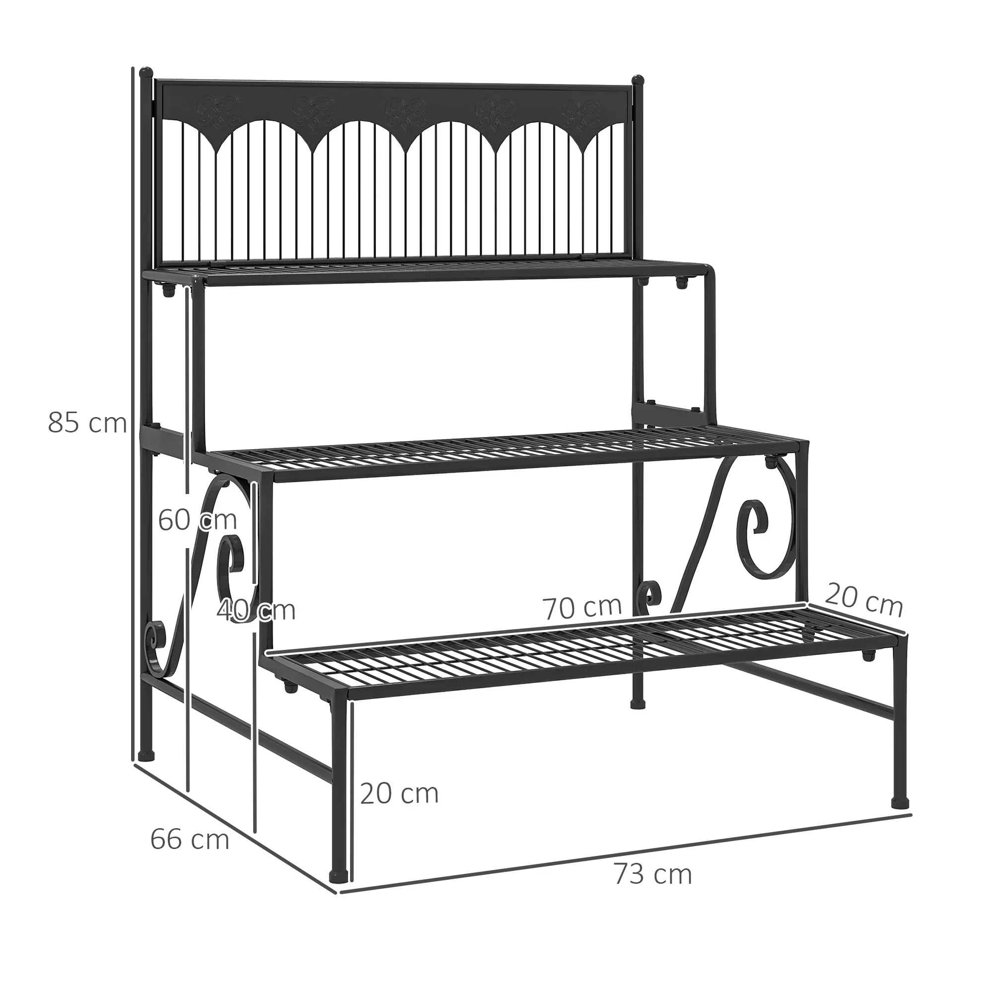 Outsunny Soporte para Plantas de 3 Niveles Estantería para Plantas para Esquina Diseño en Escalera Soporte para Macetas Interior y Exterior 73x66x85 cm Negro - imagen 3