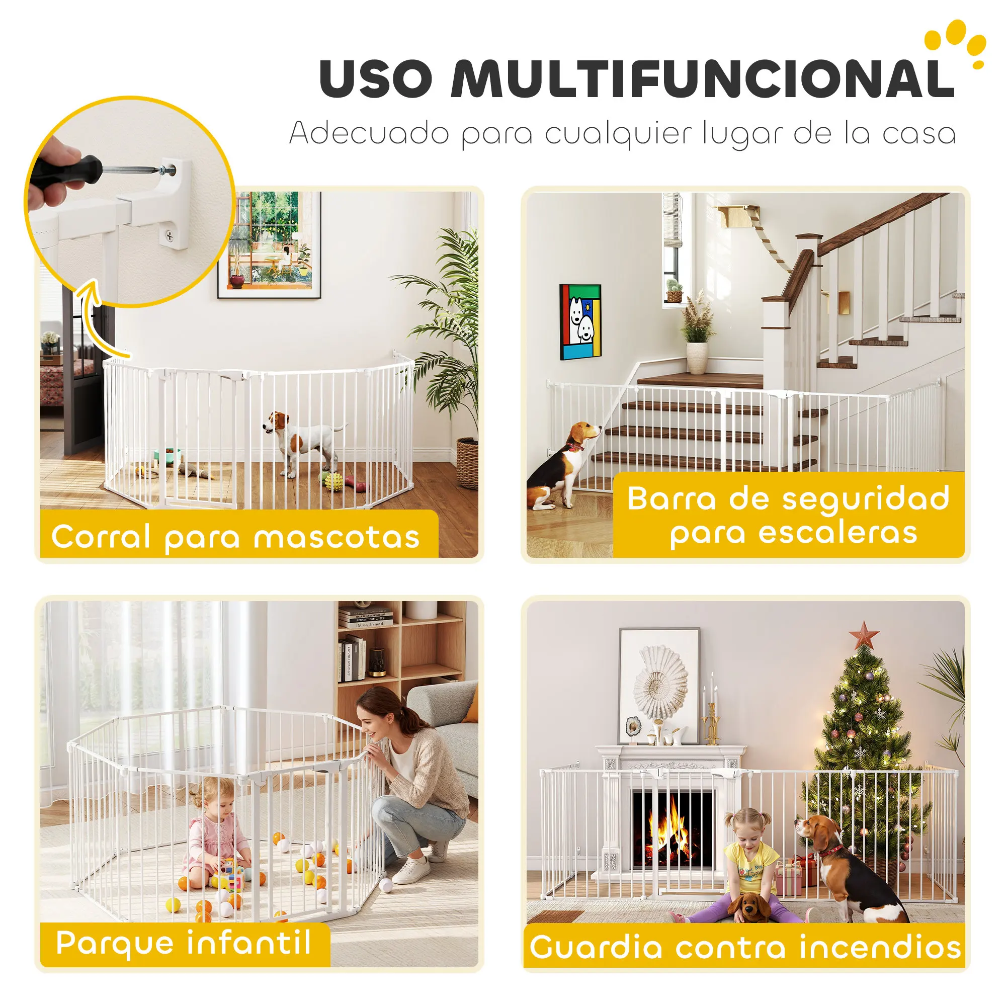 PawHut Barrera para Perros Plegable, 488x75 cm, Valla para Mascotas de 6/8 Paneles, Puerta con Cierre Doble, Barrera de Seguridad para Niños, Perros Pequeños y Medianos, para Escalera, Pasillo, Blanco - imagen 5