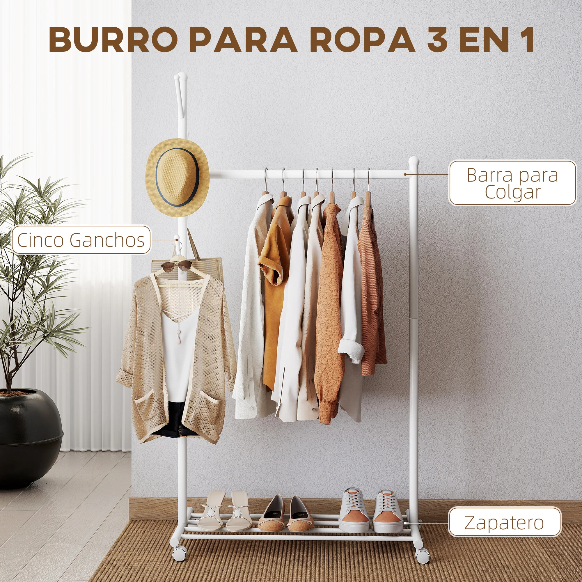 HOMCOM Burro Ropa con Ruedas, Perchero Burro Ropa con 5 Ganchos Barra para Colgar y Balda Inferior Perchero para Recibidor, Entrada, Dormitorio, Blanco - imagen 5