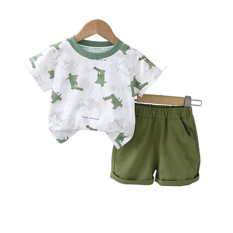 MILANCEL, nuevo conjunto de ropa de verano para niños, camiseta de cocodrilo de dibujos animados para niños + pantalones cortos de Color sólido, prendas de vestir de estilo fino para niños, 2 uds. - imagen 5